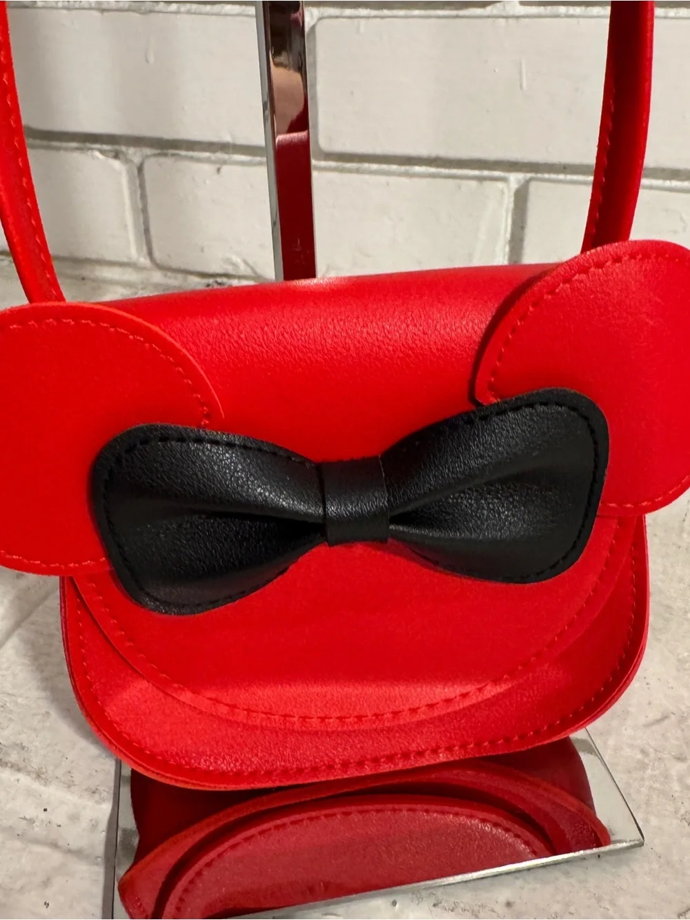 Vintage Red Mouse Ears Crossbody Purse with Black Bow, Made in Korea